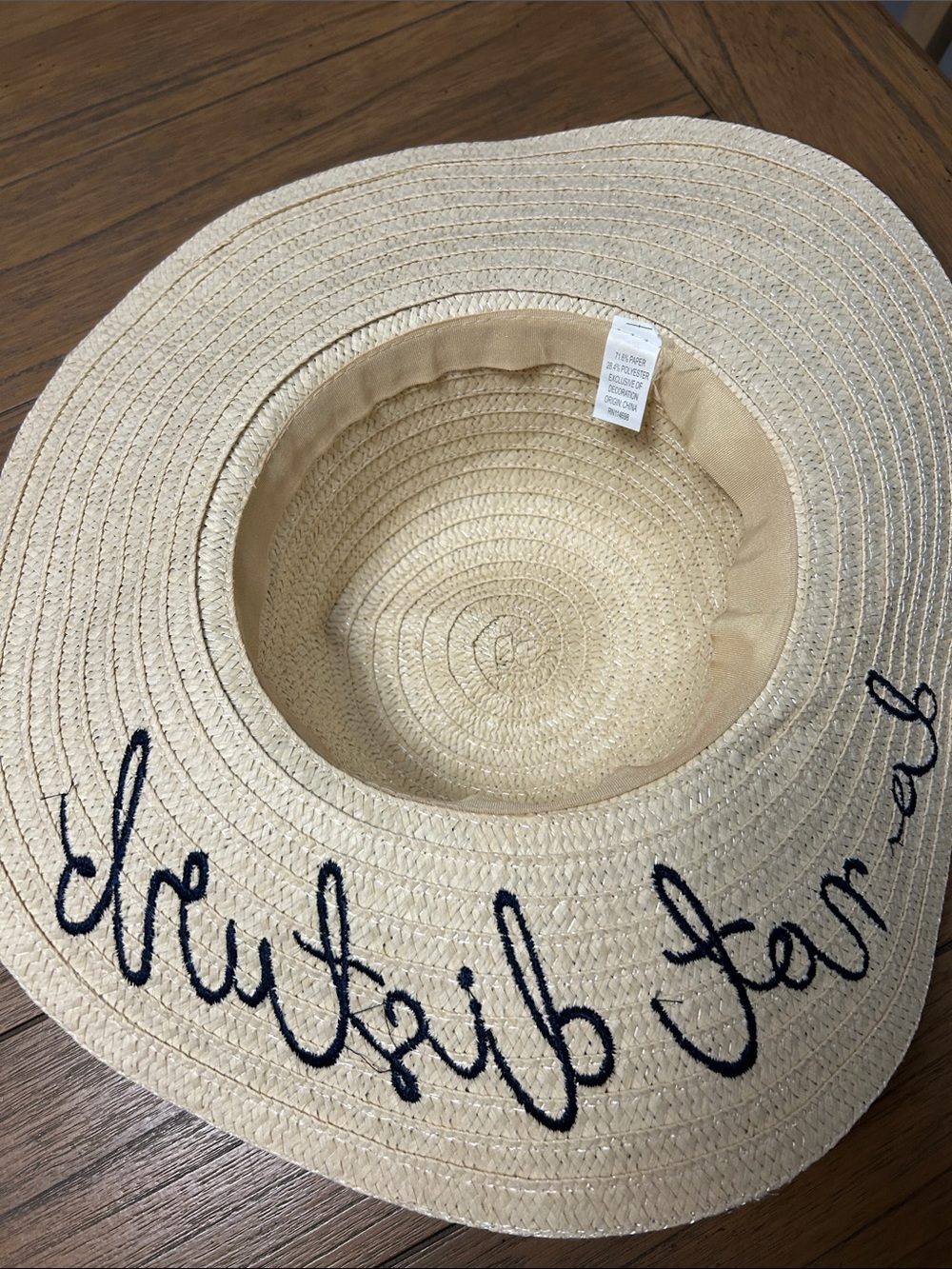 Wide Brim Straw Sun Hat "Do Not Disturb" - Natural with Navy Stitching - Picture 3 of 4